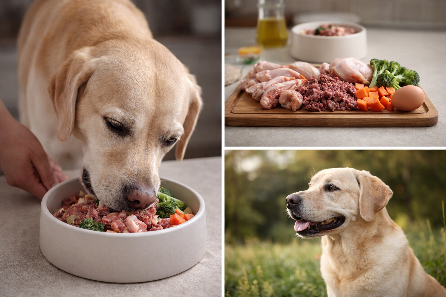 A white dog eating raw meat from a silver metal bowl, showing natural feeding behavior
