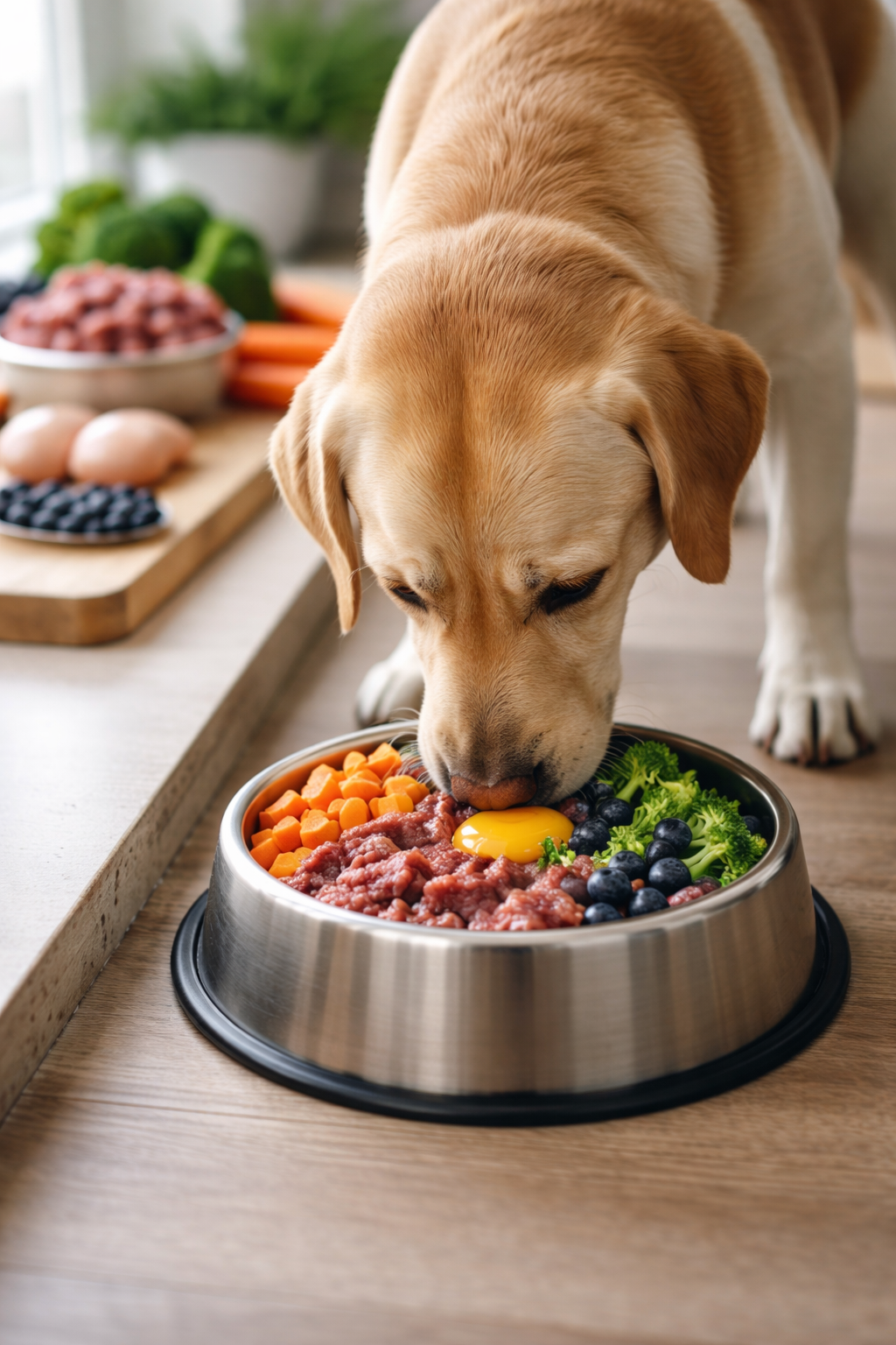 Preparing fresh, healthy ingredients for a dog meal including vegetables, meat, and eggs