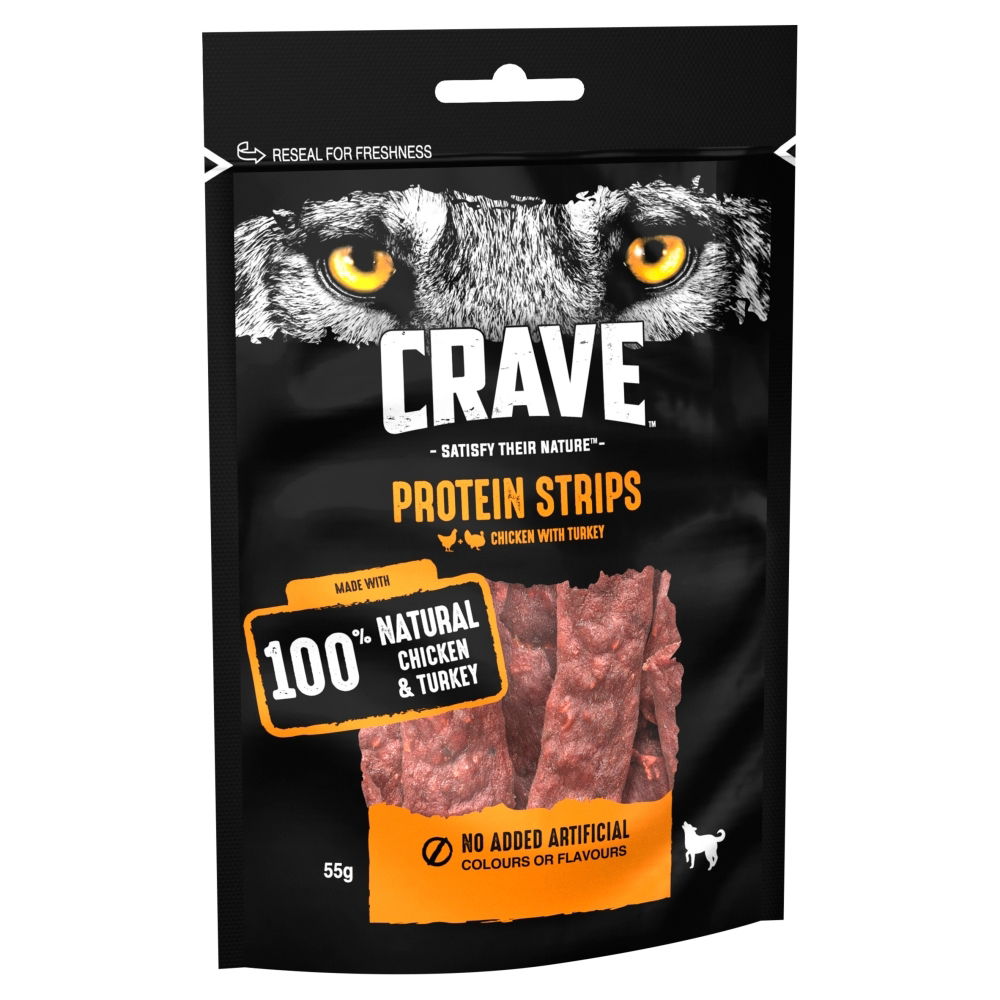 Crave Natural Grain Free Protein Strip Adult Dog Treat Turkey & Chicken 55g